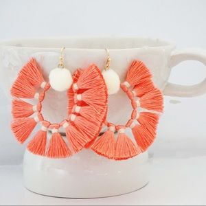 The Gem Co. Coral & White Tassel Pom Pom Earrings